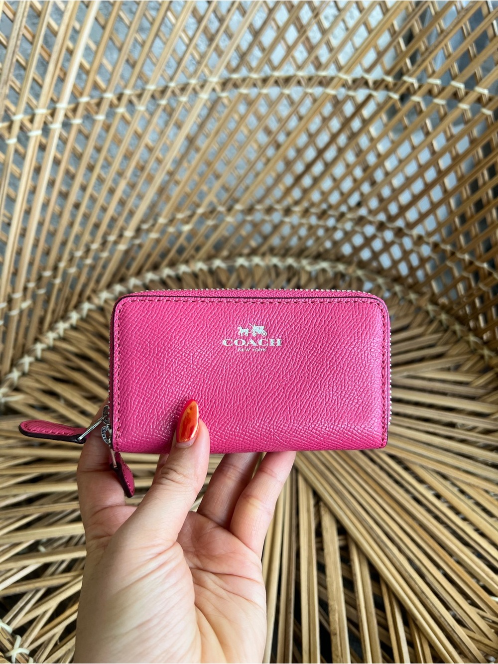 Coach Hot Pink Pebbled Leather Zip Card Case